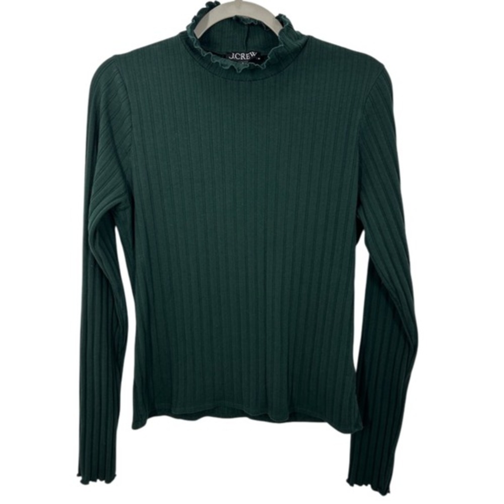J. Crew Dark Green Ribbed Ruffle Neck Mock Neck Long Sleeve‎ Top Feminine Winter